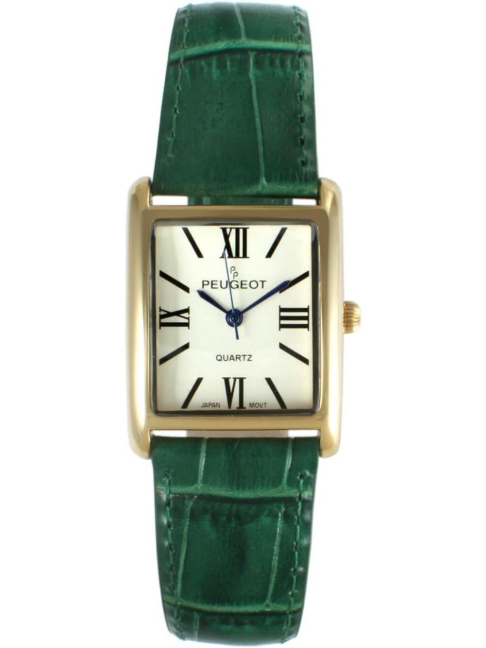 Elegant Women's Leather Tank Dress Watch with Roman Numerals & Blue Hands